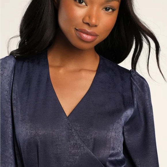 Lulu's Navy Satin Midi Wrap Dress Wrapped Up In Love Flutter Sleeve XS Party - Picture 3 of 11